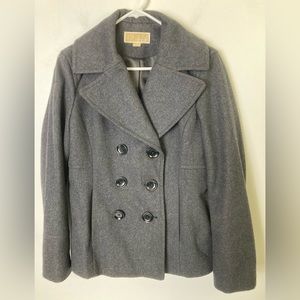 Gray Charcoal Wool Blend Double Breasted Pea Coat, Black Buttons. Medium